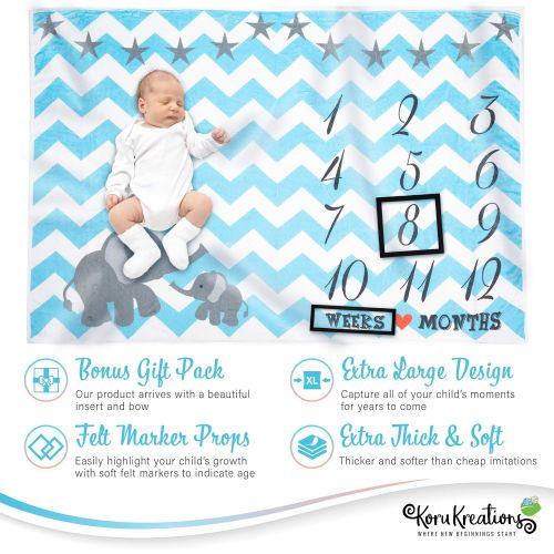  Koru Kreations Baby Monthly Milestone Blanket for Boys | Perfect Newborn Gifts | 100% Quality Soft Fleece Baby Blanket | Large Personalized Elephant Background Newborn Photography Props | (Blue)