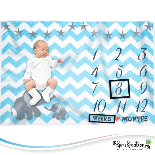 Koru Kreations Baby Monthly Milestone Blanket for Boys | Perfect Newborn Gifts | 100% Quality Soft Fleece Baby Blanket | Large Personalized Elephant Background Newborn Photography Props | (Blue)