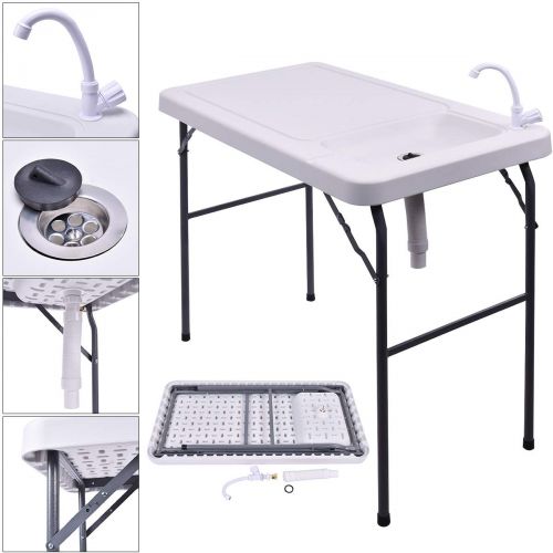  Kotulas GYMAX Fish Table, Portable Folding Fish Table Fish Fillet Cleaning Cutting Table with Sink Faucet, for Outdoor Camping Picnic Party