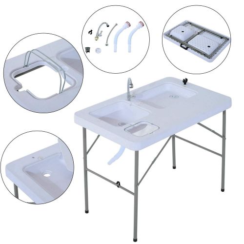  Kotulas White 2-in-1 HDPE Portable Outdoor Camping BBQ Dish Fish Foldable Cleaning Cutting Table w/Faucet & Sink with Ebook