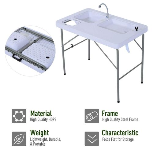  Kotulas White 2-in-1 HDPE Portable Outdoor Camping BBQ Dish Fish Foldable Cleaning Cutting Table w/Faucet & Sink with Ebook