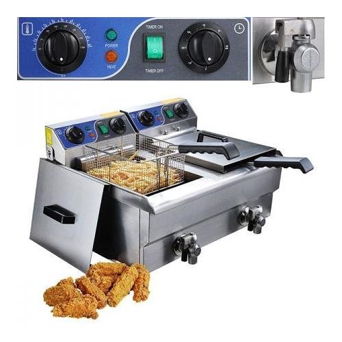  Koval Inc. 20L Dual Tank Stainless Steel Electric Deep Fryer with Drain