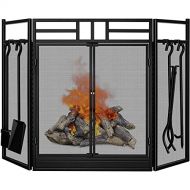 Kovalenthor Fireplace Screen with Doors Large Flat Guard Fire Screens with Tools Outdoor Metal Decorative Mesh Solid Wrought Iron Fire Place Panels Wood Burning Stove Accessories Black