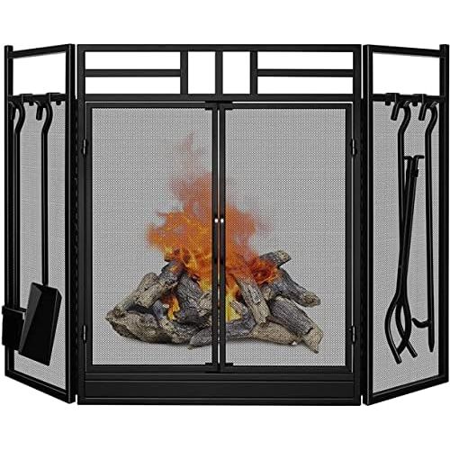  Kovalenthor Fireplace Screen with Doors Large Flat Guard Fire Screens with Tools Outdoor Metal Decorative Mesh Solid Wrought Iron Fire Place Panels Wood Burning Stove Accessories Black