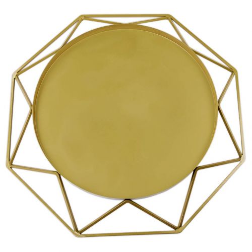  Koyal Wholesale Gold Geometric Metal Round Cake Stand, 15.75 Inch Round Modern Geo Large Tier Cake Stand