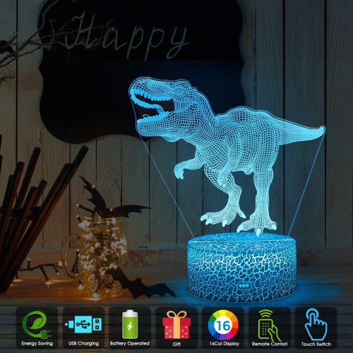  [아마존베스트]Koyya 3D Dinosaur Night Light Gift for Kids - 3D Led Illusion Lamp Three Pattern and 16 Colors Change Decor Lamp with Remote Control for Kids, Dinosaur Gifts for Children……