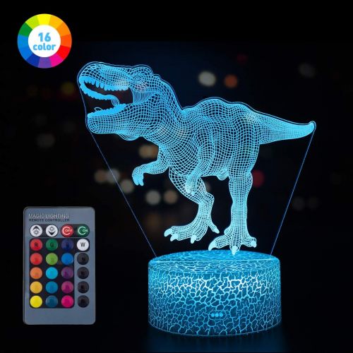  [아마존베스트]Koyya 3D Dinosaur Night Light Gift for Kids - 3D Led Illusion Lamp Three Pattern and 16 Colors Change Decor Lamp with Remote Control for Kids, Dinosaur Gifts for Children……