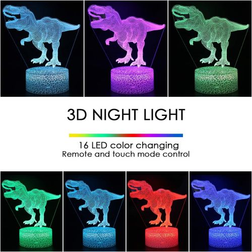  [아마존베스트]Koyya 3D Dinosaur Night Light Gift for Kids - 3D Led Illusion Lamp Three Pattern and 16 Colors Change Decor Lamp with Remote Control for Kids, Dinosaur Gifts for Children……