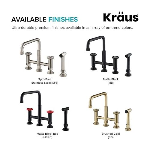  KRAUS Urbix Industrial Bridge Kitchen Faucet with Side Sprayer in Matte Black, KPF-3125MB