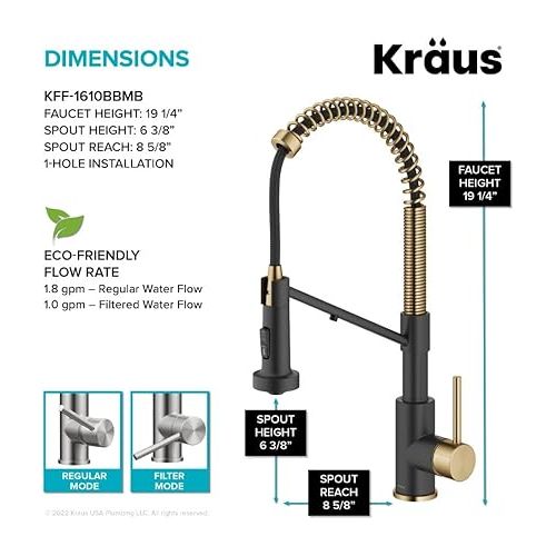  KRAUS Bolden 2-in-1 Commercial Style Pull-Down Single Handle Water Filter Kitchen Faucet for Reverse Osmosis or Water Filtration System in Brushed Brass/Matte Black, KFF-1610BBMB