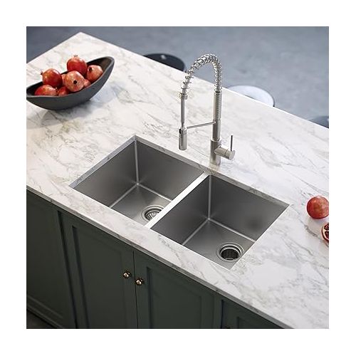  Kraus Standard PRO 33-inch 16 Gauge Undermount 50/50 Double Bowl Stainless Steel Kitchen Sink, KHU102-33