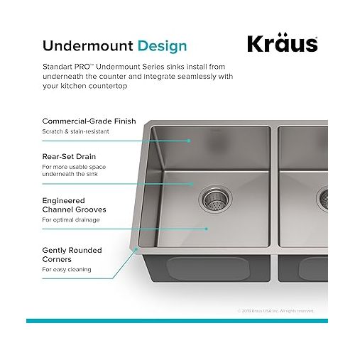  Kraus Standard PRO 33-inch 16 Gauge Undermount 50/50 Double Bowl Stainless Steel Kitchen Sink, KHU102-33