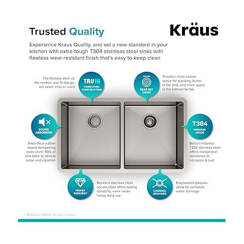  Kraus Standard PRO 33-inch 16 Gauge Undermount 50/50 Double Bowl Stainless Steel Kitchen Sink, KHU102-33