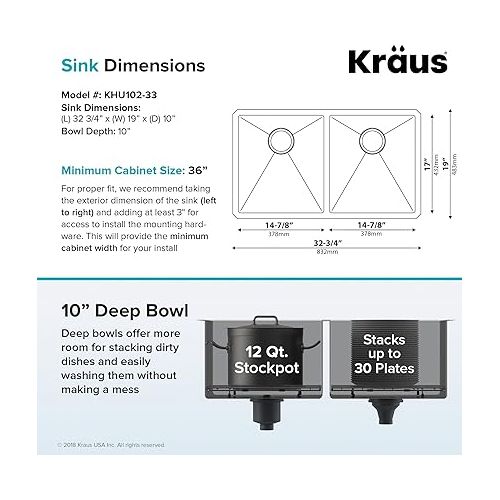  Kraus Standard PRO 33-inch 16 Gauge Undermount 50/50 Double Bowl Stainless Steel Kitchen Sink, KHU102-33