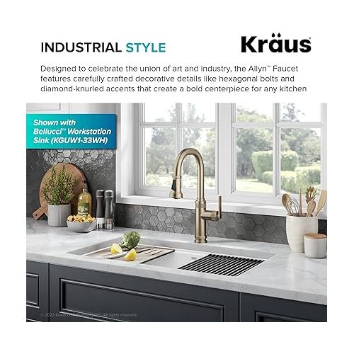  KRAUS Allyn Industrial Pull-Down Single Handle Kitchen Faucet in Spot-Free Antique Champagne Bronze, KPF-4102SFACB