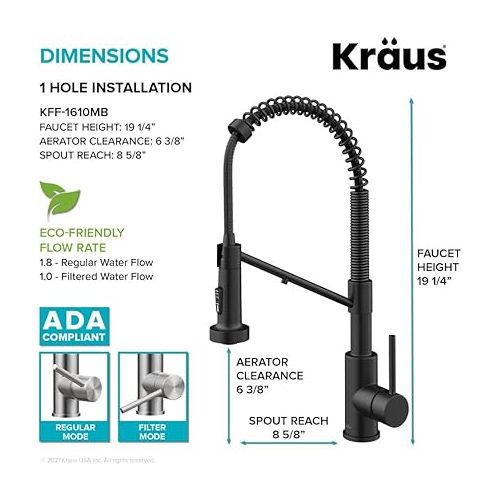  KRAUS Bolden 2-in-1 Commercial Style Pull-Down Single Handle Water Filter Kitchen Faucet for Water Filtration System in Matte Black, KFF-1610MB