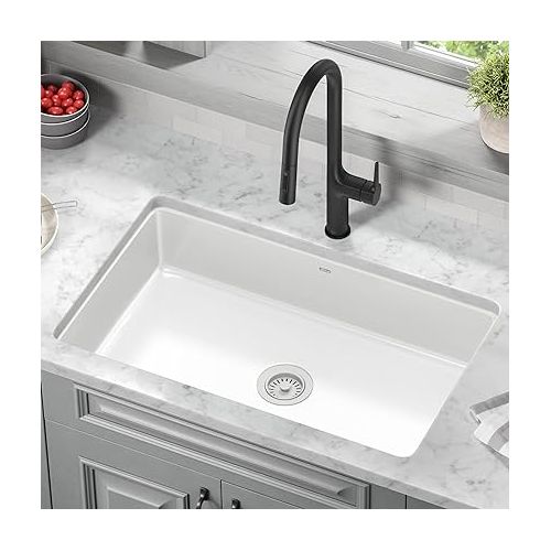  KRAUS Pintura 32-inch Porcelain Enameled Steel Undermount Single Bowl Kitchen Sink in White, KE1US32GWH