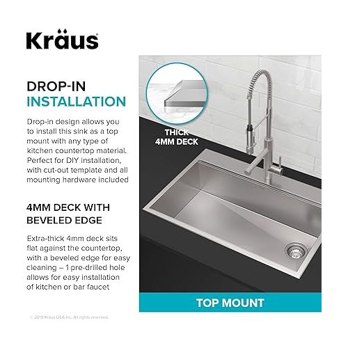  KRAUS KWT310-33/18 Kore Workstation 33-inch Drop-In 18 Gauge Single Bowl Stainless Steel Kitchen Sink with Integrated Ledge and Accessories