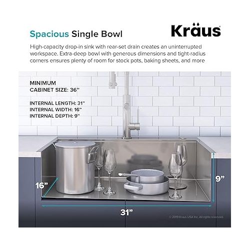  KRAUS KWT310-33/18 Kore Workstation 33-inch Drop-In 18 Gauge Single Bowl Stainless Steel Kitchen Sink with Integrated Ledge and Accessories