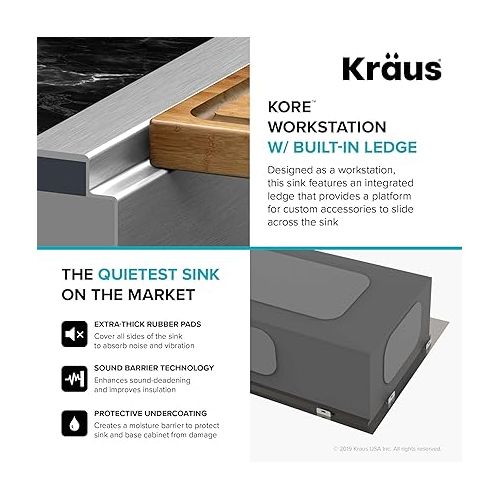  KRAUS KWT310-33/18 Kore Workstation 33-inch Drop-In 18 Gauge Single Bowl Stainless Steel Kitchen Sink with Integrated Ledge and Accessories