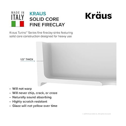  Kraus KFR1-33GWH Turino 33-inch Fireclay Farmhouse Apron Reversible Single Bowl Kitchen Sink with Bottom Grid in, White Color