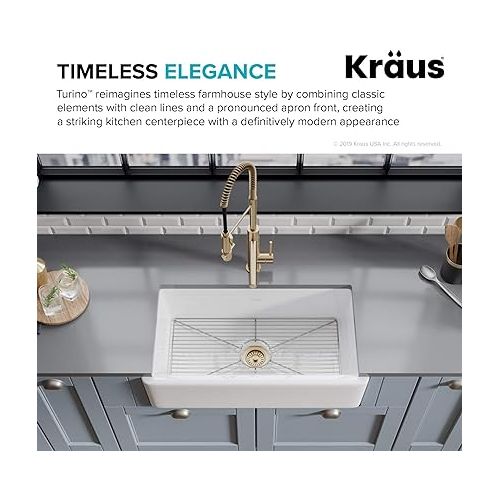  Kraus KFR1-33GWH Turino 33-inch Fireclay Farmhouse Apron Reversible Single Bowl Kitchen Sink with Bottom Grid in, White Color