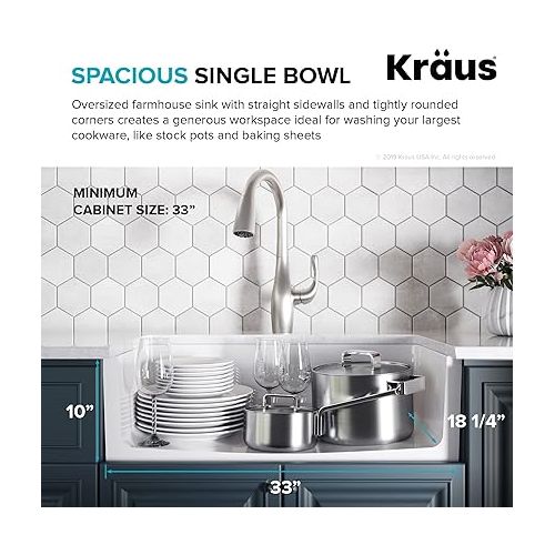  Kraus KFR1-33GWH Turino 33-inch Fireclay Farmhouse Apron Reversible Single Bowl Kitchen Sink with Bottom Grid in, White Color