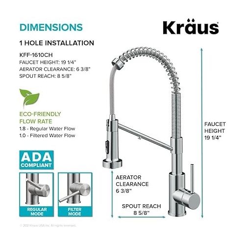  KRAUS Bolden 2-in-1 Commercial Style Pull-Down Single Handle Water Filter Kitchen Faucet for Water Filtration System in Chrome, KFF-1610CH