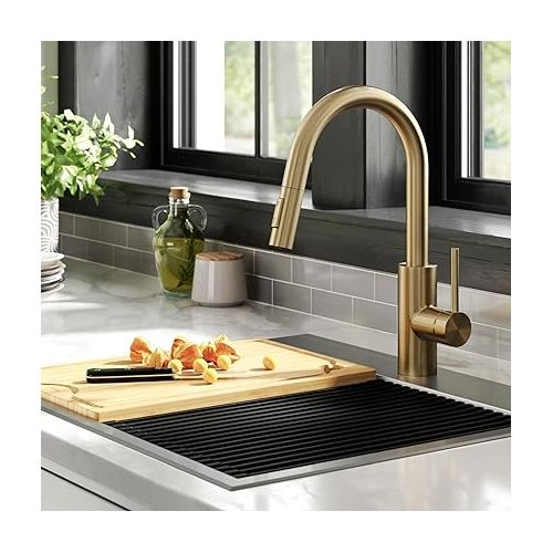  KRAUS Oletto Pull-Down Single Handle Kitchen Faucet with QuickDock Top Mount Installation Assembly in Spot Free Antique Champagne Bronze, 15 1/8 Inch, KPF-2620SFACB