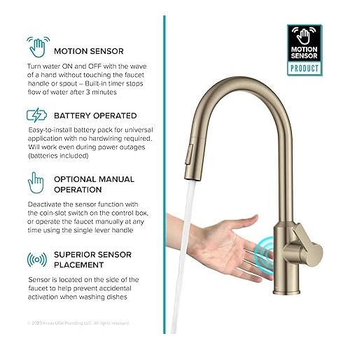  KRAUS Oletto Touchless Sensor Pull-Down Single Handle Kitchen Faucet in Spot-Free Antique Champagne Bronze, KSF-2830SFACB