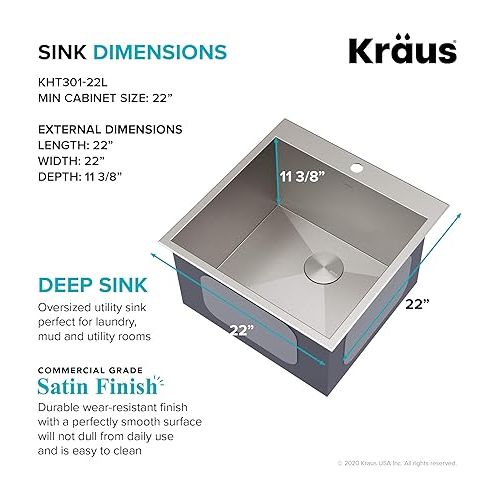  KRAUS Standart PRO 22-inch Drop-In Top Mount 16 Gauge Stainless Steel Single Bowl Laundry Utility Sink, KHT301-22L