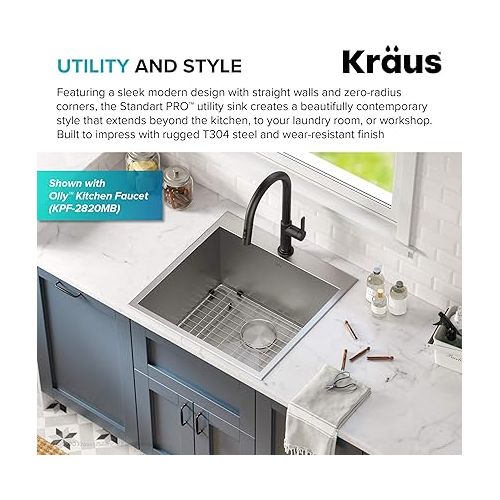  KRAUS Standart PRO 22-inch Drop-In Top Mount 16 Gauge Stainless Steel Single Bowl Laundry Utility Sink, KHT301-22L