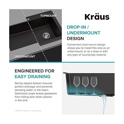  KRAUS Forteza™ 33” Dual Mount Single Bowl Granite Kitchen Sink in Black, KGD-54BLACK