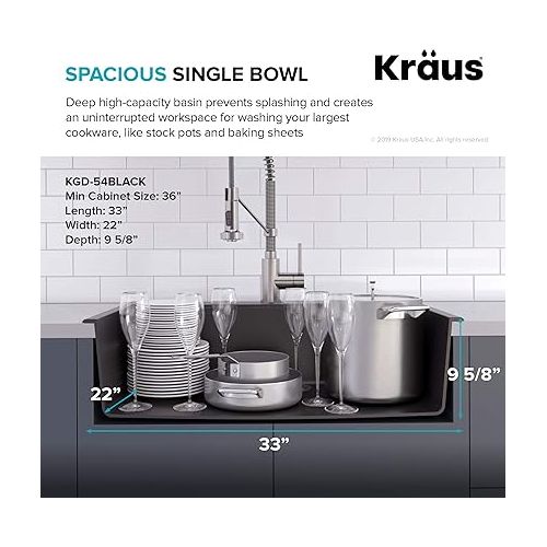  KRAUS Forteza™ 33” Dual Mount Single Bowl Granite Kitchen Sink in Black, KGD-54BLACK