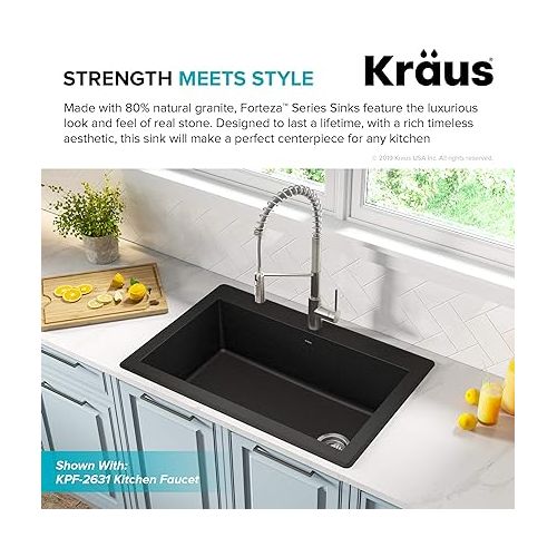  KRAUS Forteza™ 33” Dual Mount Single Bowl Granite Kitchen Sink in Black, KGD-54BLACK