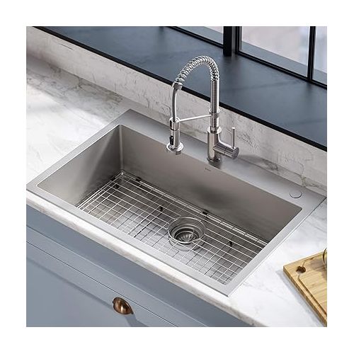  Kraus KCA-1102 Stark Dual Mount Drop Sink and Pull-Down Commercial Kitchen Faucet Combo in Stainless Steel Finish, 33