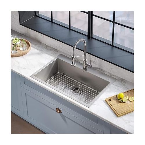  Kraus KCA-1102 Stark Dual Mount Drop Sink and Pull-Down Commercial Kitchen Faucet Combo in Stainless Steel Finish, 33