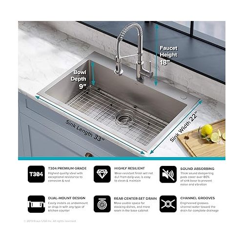  Kraus KCA-1102 Stark Dual Mount Drop Sink and Pull-Down Commercial Kitchen Faucet Combo in Stainless Steel Finish, 33