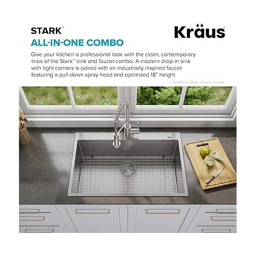  Kraus KCA-1102 Stark Dual Mount Drop Sink and Pull-Down Commercial Kitchen Faucet Combo in Stainless Steel Finish, 33