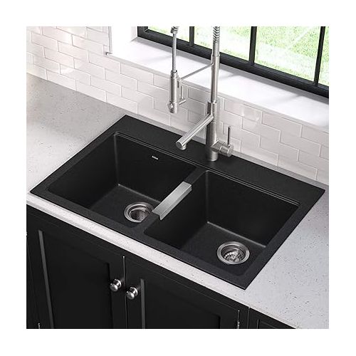  Kraus Quarza Kitchen Sink, 33-Inch Equal Bowls, Black Onyx Granite, KGD-433B model