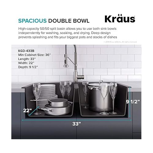  Kraus Quarza Kitchen Sink, 33-Inch Equal Bowls, Black Onyx Granite, KGD-433B model