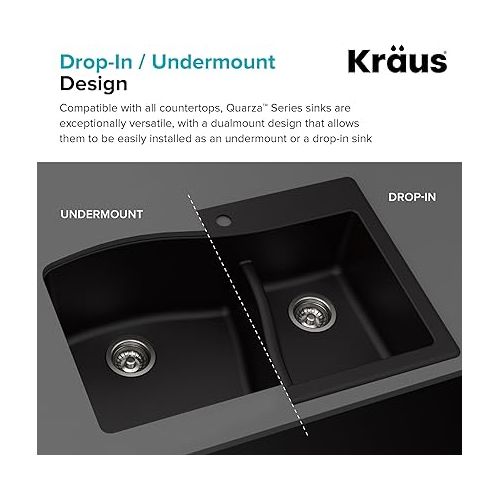  Kraus Quarza Kitchen Sink | 33-Inch 60/40 Bowls | Black Granite | KGD-442 model