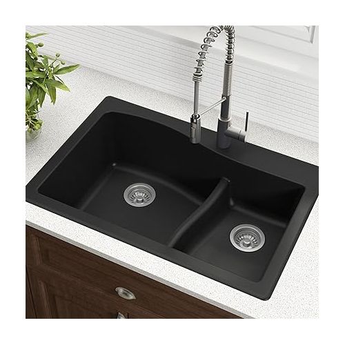  Kraus Quarza Kitchen Sink | 33-Inch 60/40 Bowls | Black Granite | KGD-442 model