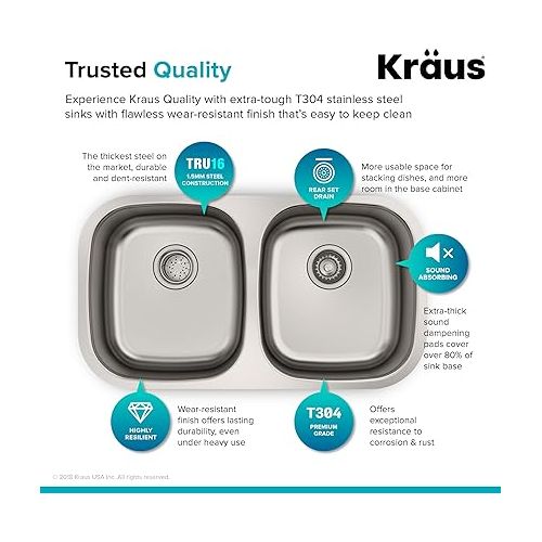  Kraus KBU22 32 inch Undermount 50/50 Double Bowl 16 gauge Stainless Steel Kitchen Sink