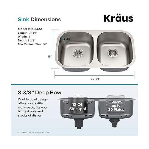  Kraus KBU22 32 inch Undermount 50/50 Double Bowl 16 gauge Stainless Steel Kitchen Sink