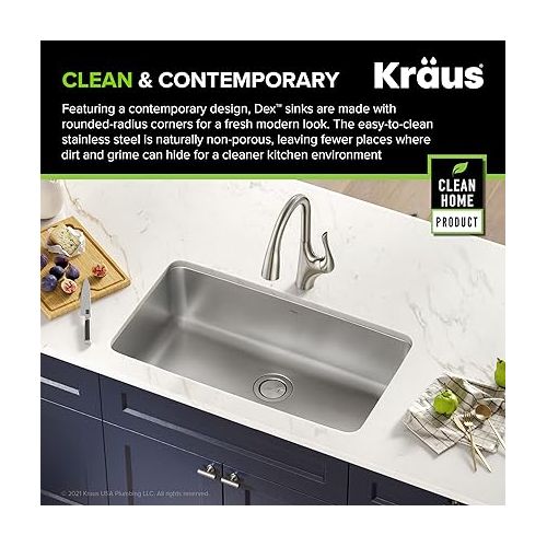  KRAUS Dex 33-inch Undermount 16 Gauge Stainless Steel Single Bowl Kitchen Sink, KA1US33B