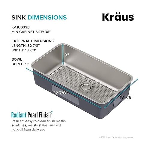  KRAUS Dex 33-inch Undermount 16 Gauge Stainless Steel Single Bowl Kitchen Sink, KA1US33B