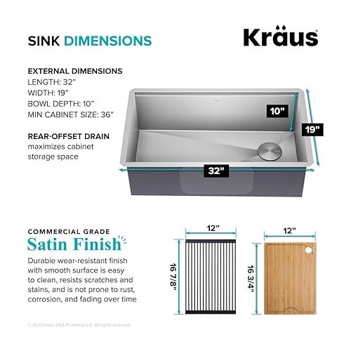  Kraus KWU110-32 Kore inch Undermount 16 Gauge Single Bowl Stainless Steel Kitchen Integrated Ledge and Accessories (Pack of 5), 32 Inch, 32