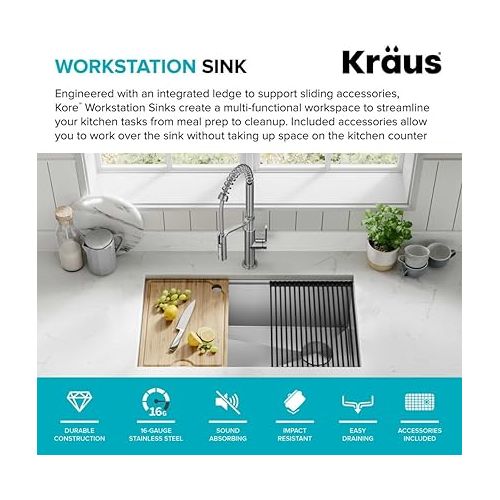  Kraus KWU110-32 Kore inch Undermount 16 Gauge Single Bowl Stainless Steel Kitchen Integrated Ledge and Accessories (Pack of 5), 32 Inch, 32