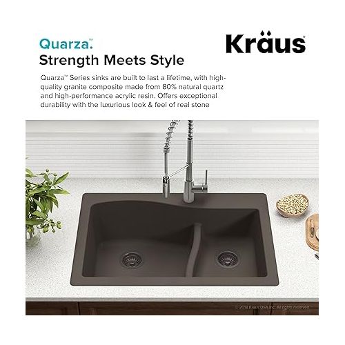  Kraus Quarza Kitchen Sink | 33-Inch 60/40 Bowls | Black Granite | KGD-442 model